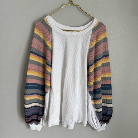 Free People Rainbow Dreams Pullover Knit balloon sleeve Top white size small - Picture 2 of 7